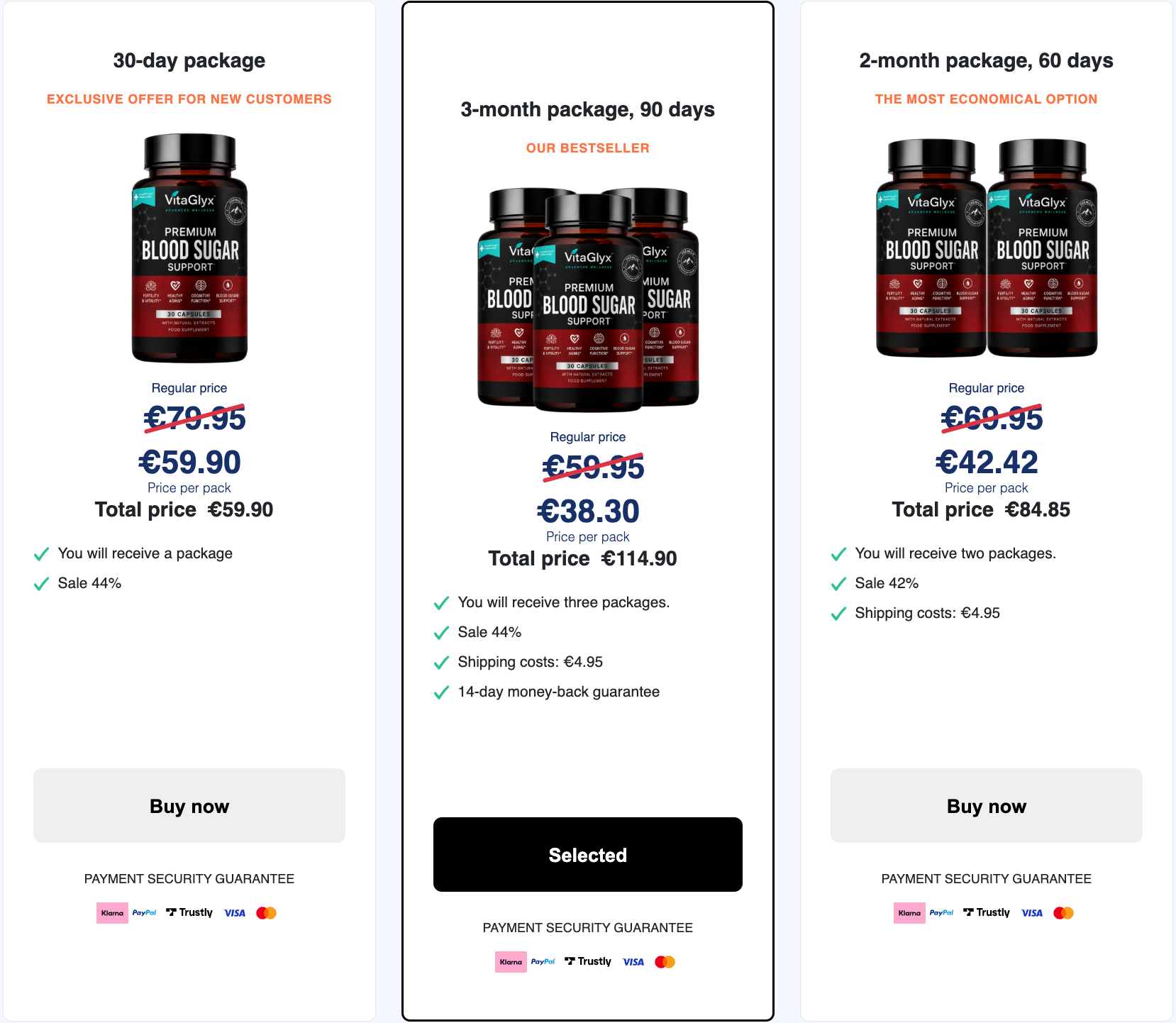 VitaGlyx Premium Blood Sugar Support package options for FR DE AT CH